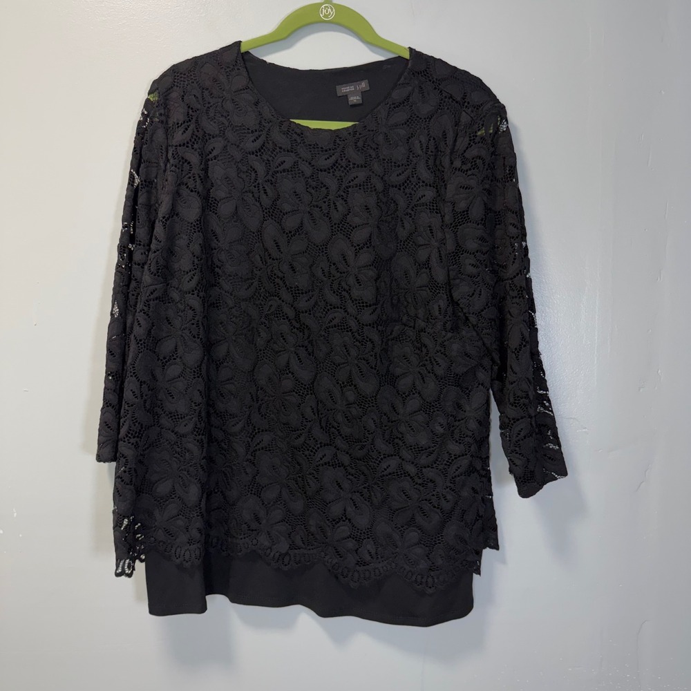 J. Jill Wearever Collection Black Floral Lace Top XL Round Neck 3/4 Sleeve